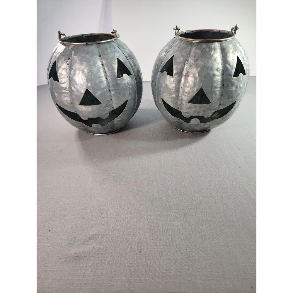 Rustic Galvanized Metal Pumpkin Lanterns Jack-O'-Lantern Halloween Decor Set of